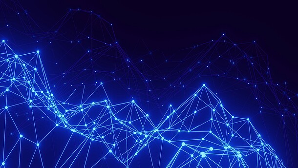 Digital art with a blue background in gradient with abstract lines and dots.
